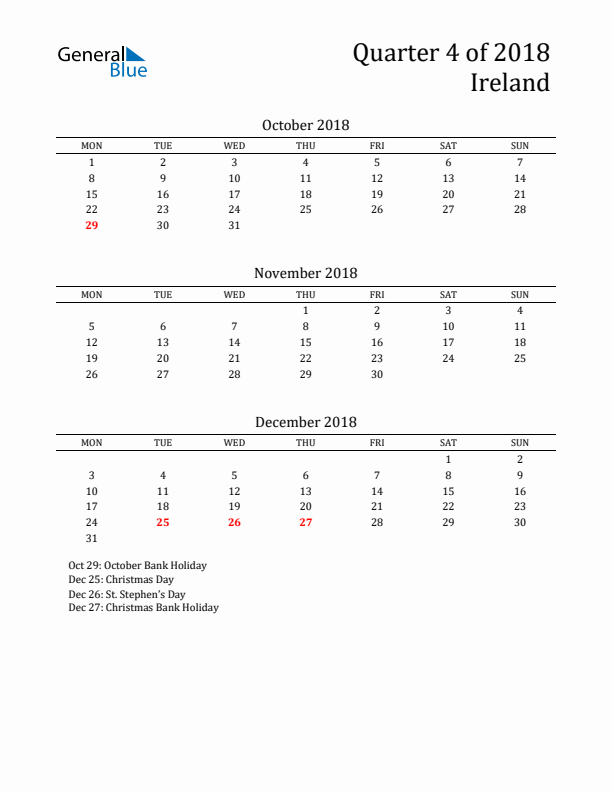 Quarter 4 2018 Ireland Quarterly Calendar