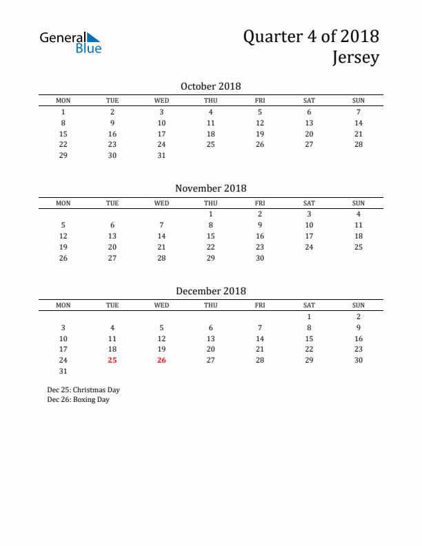 Quarter 4 2018 Jersey Quarterly Calendar