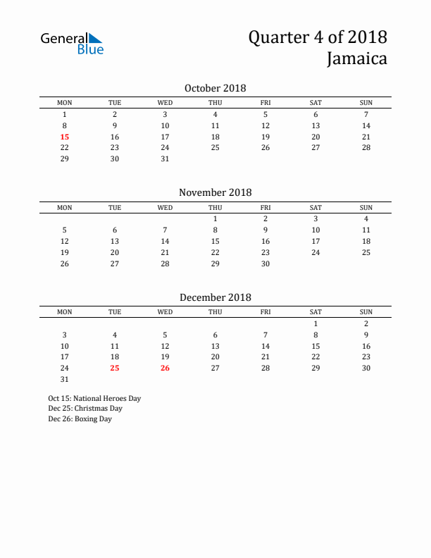 Quarter 4 2018 Jamaica Quarterly Calendar