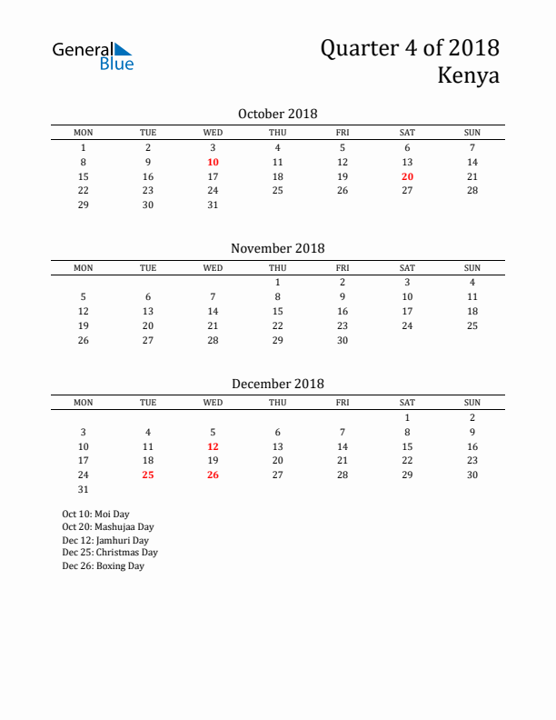 Quarter 4 2018 Kenya Quarterly Calendar