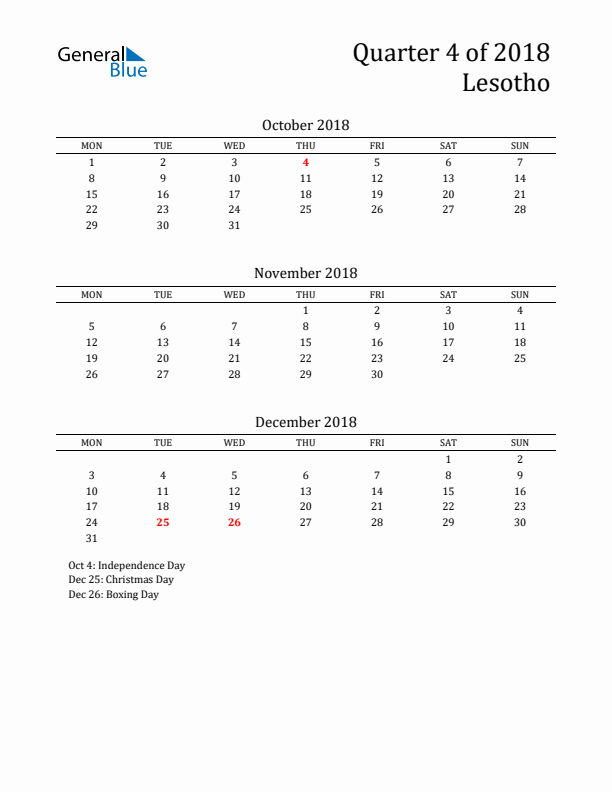 Quarter 4 2018 Lesotho Quarterly Calendar