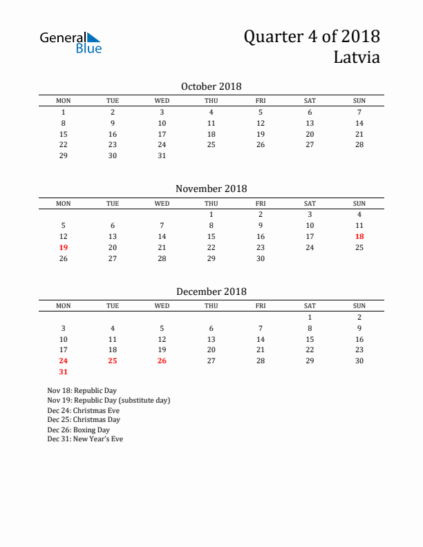 Quarter 4 2018 Latvia Quarterly Calendar