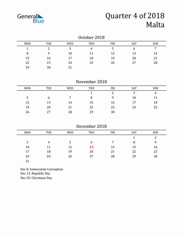 Quarter 4 2018 Malta Quarterly Calendar