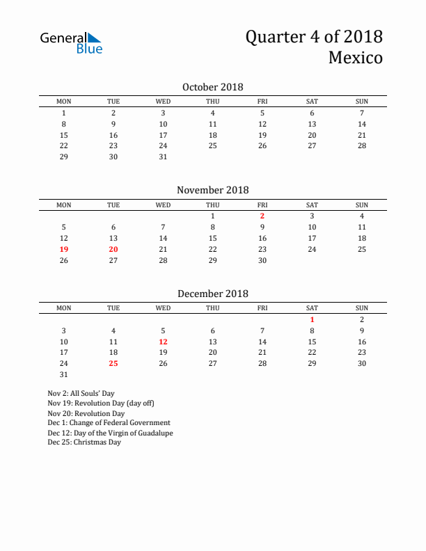 Quarter 4 2018 Mexico Quarterly Calendar