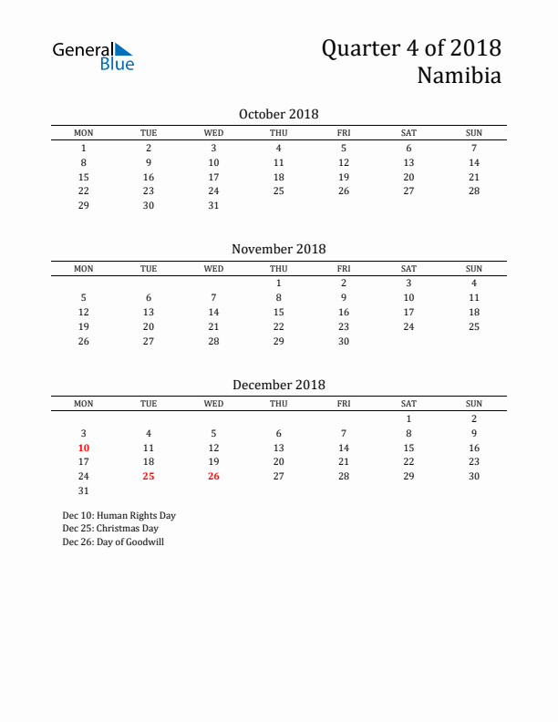 Quarter 4 2018 Namibia Quarterly Calendar