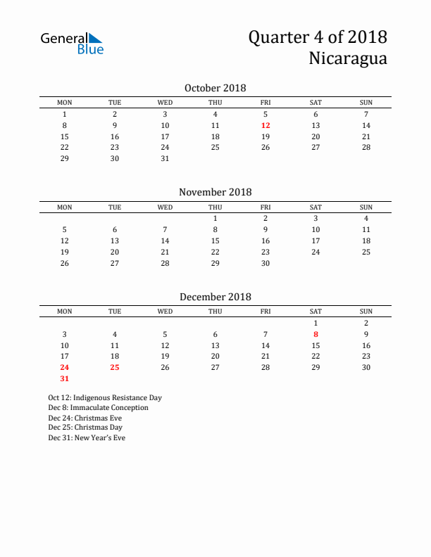 Quarter 4 2018 Nicaragua Quarterly Calendar