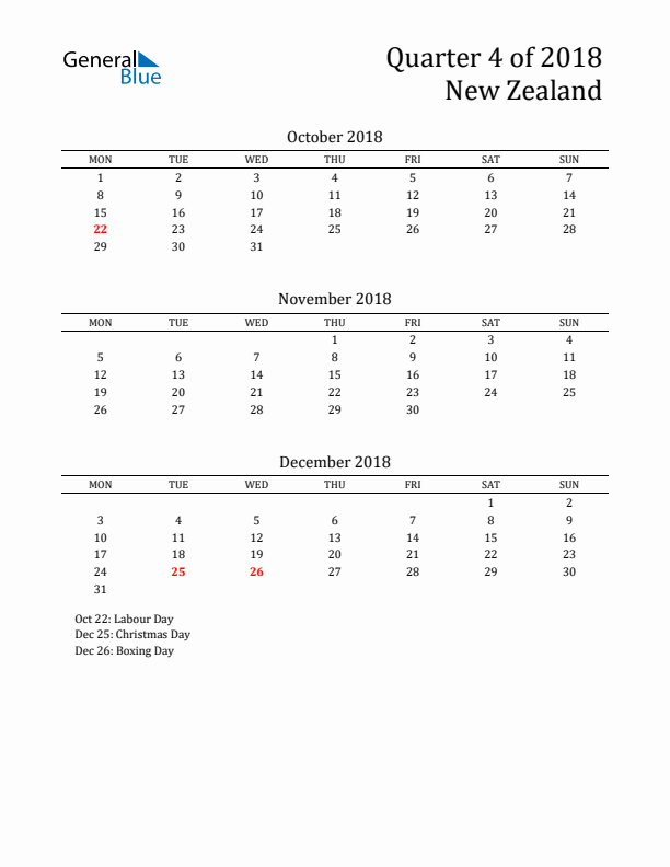 Quarter 4 2018 New Zealand Quarterly Calendar