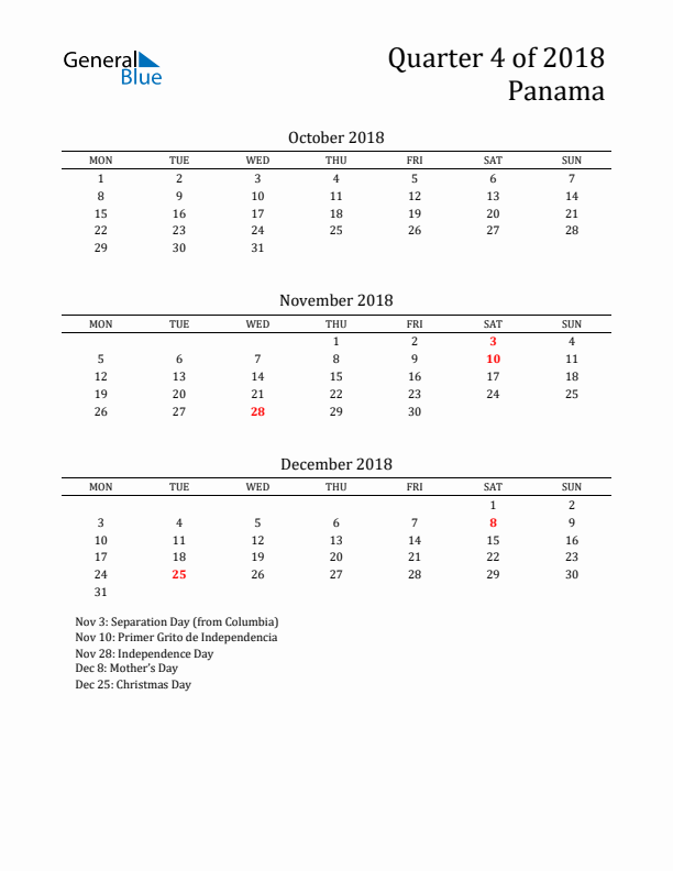 Quarter 4 2018 Panama Quarterly Calendar