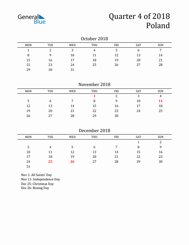 Quarter 4 2018 Poland Quarterly Calendar