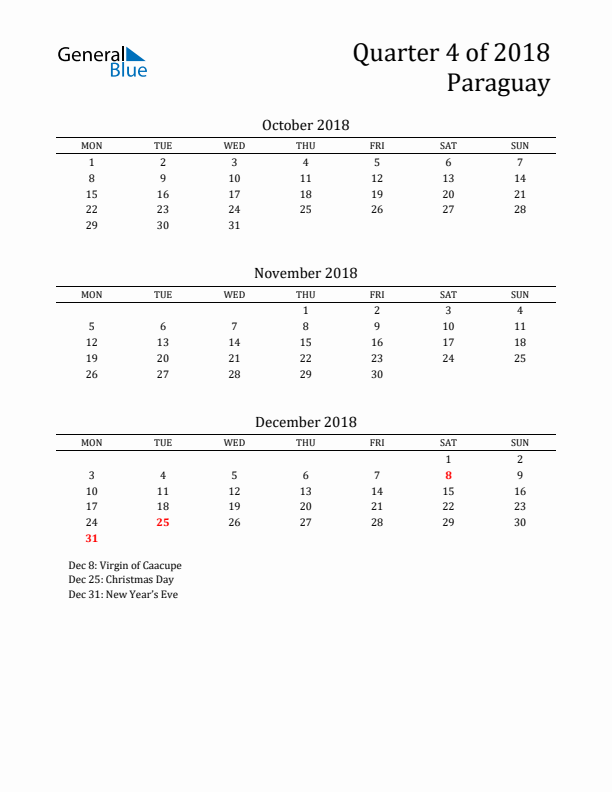 Quarter 4 2018 Paraguay Quarterly Calendar