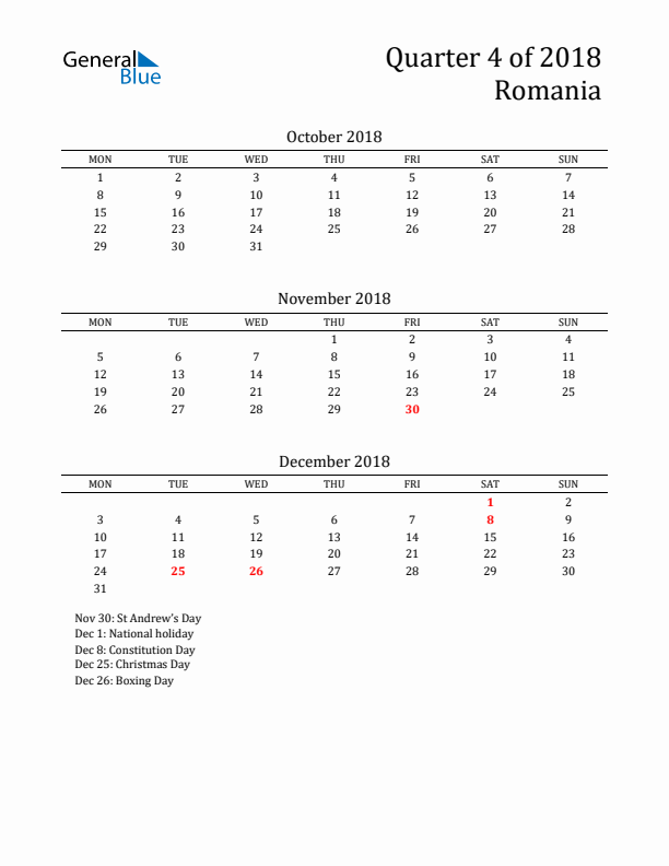 Quarter 4 2018 Romania Quarterly Calendar