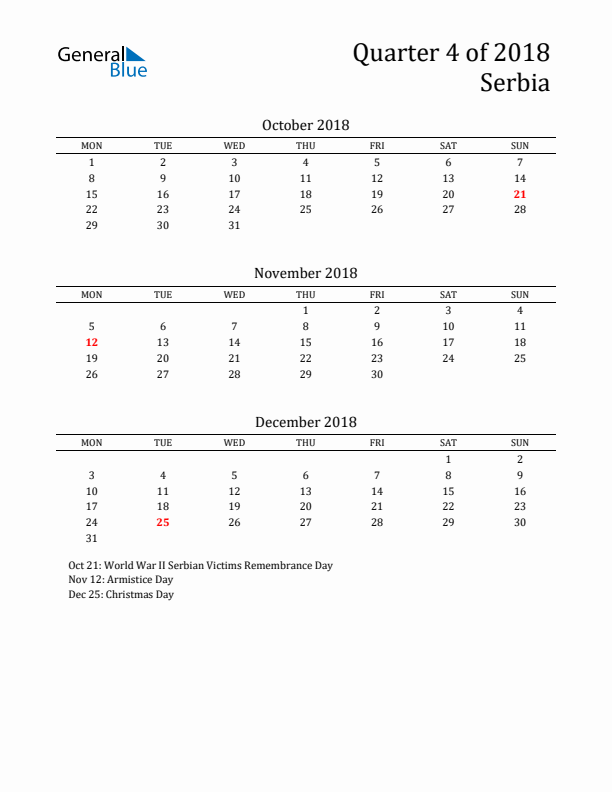 Quarter 4 2018 Serbia Quarterly Calendar