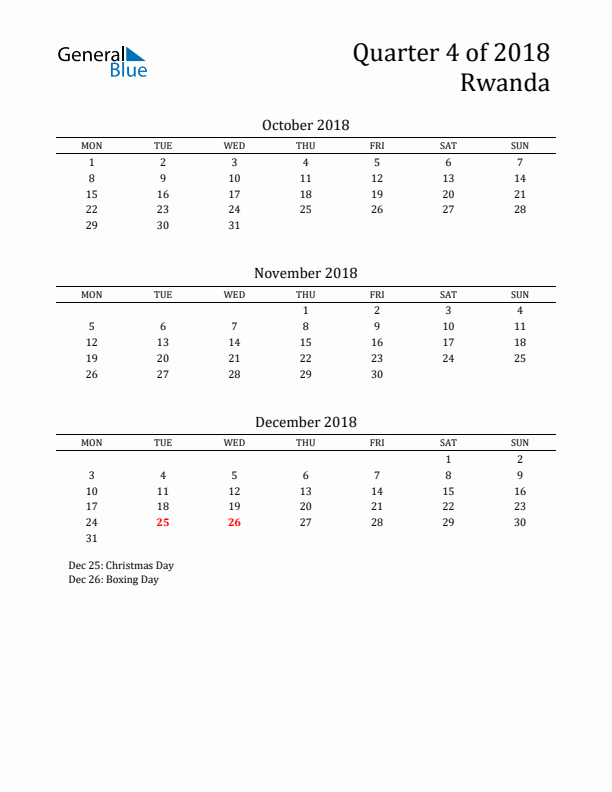 Quarter 4 2018 Rwanda Quarterly Calendar