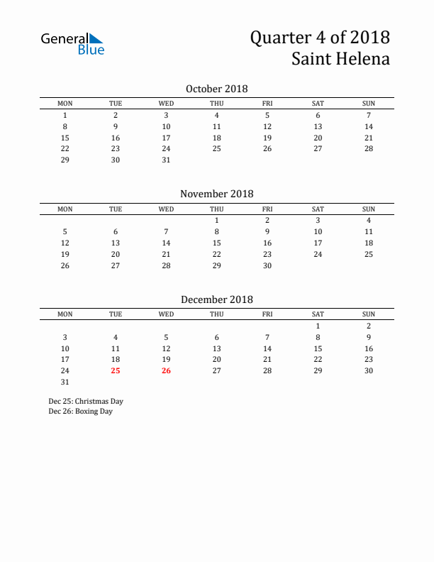 Quarter 4 2018 Saint Helena Quarterly Calendar