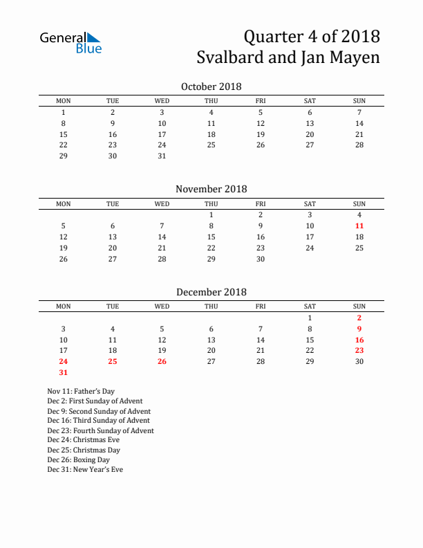 Quarter 4 2018 Svalbard and Jan Mayen Quarterly Calendar