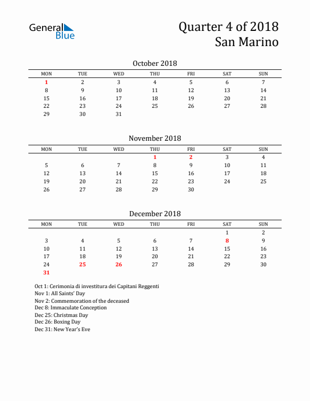 Quarter 4 2018 San Marino Quarterly Calendar