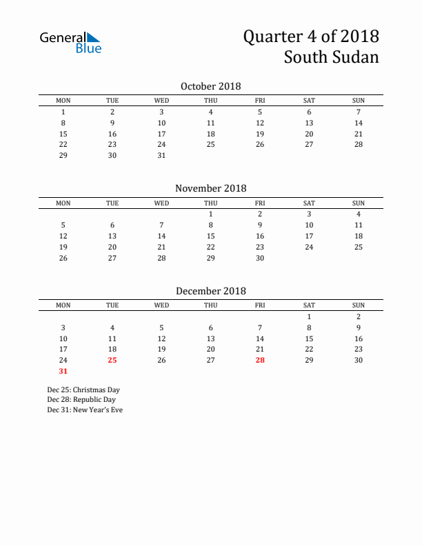 Quarter 4 2018 South Sudan Quarterly Calendar