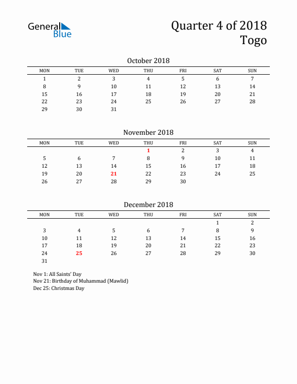 Quarter 4 2018 Togo Quarterly Calendar