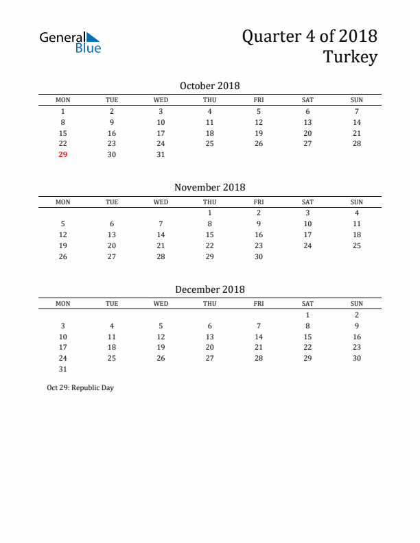 Quarter 4 2018 Turkey Quarterly Calendar