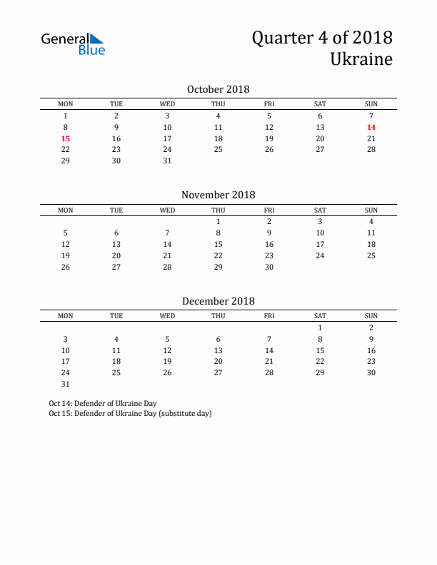 Quarter 4 2018 Ukraine Quarterly Calendar