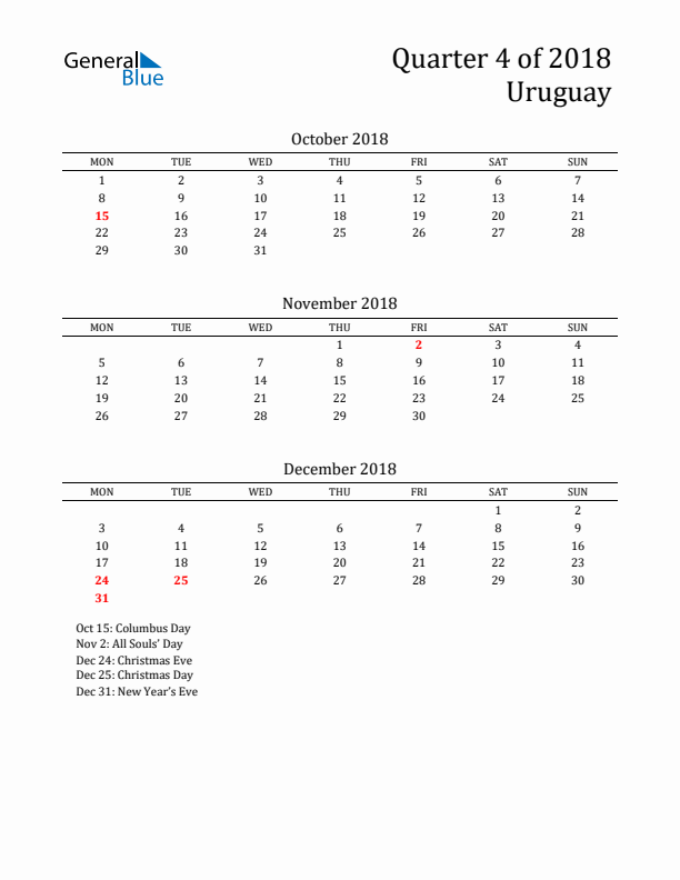 Quarter 4 2018 Uruguay Quarterly Calendar