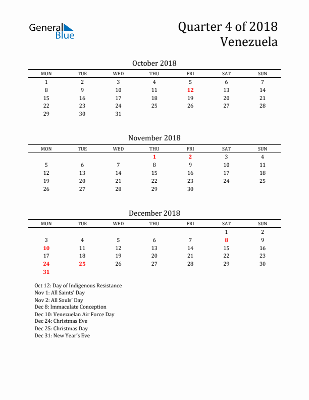 Quarter 4 2018 Venezuela Quarterly Calendar