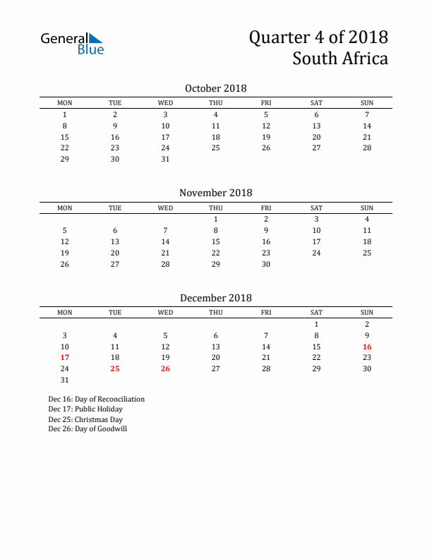 Quarter 4 2018 South Africa Quarterly Calendar