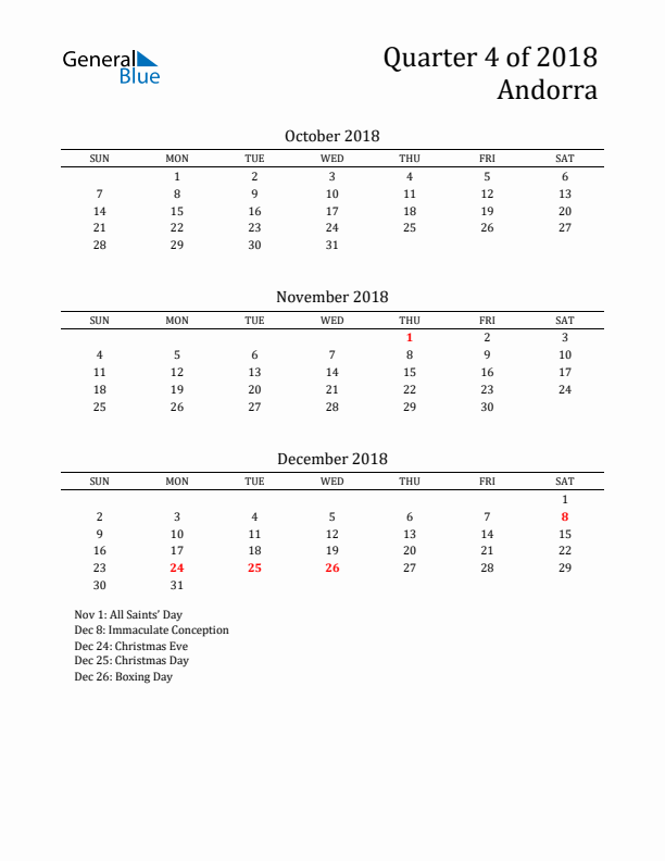 Quarter 4 2018 Andorra Quarterly Calendar