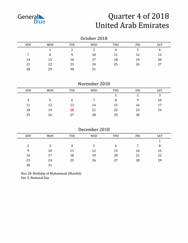 Quarter 4 2018 United Arab Emirates Quarterly Calendar