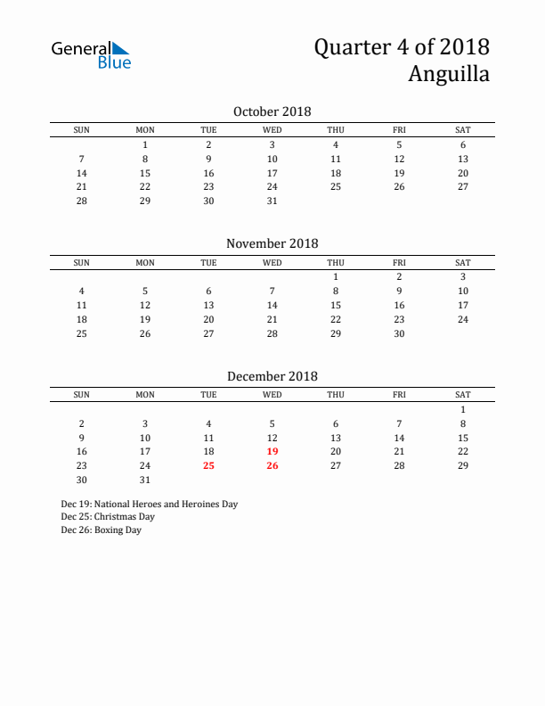 Quarter 4 2018 Anguilla Quarterly Calendar