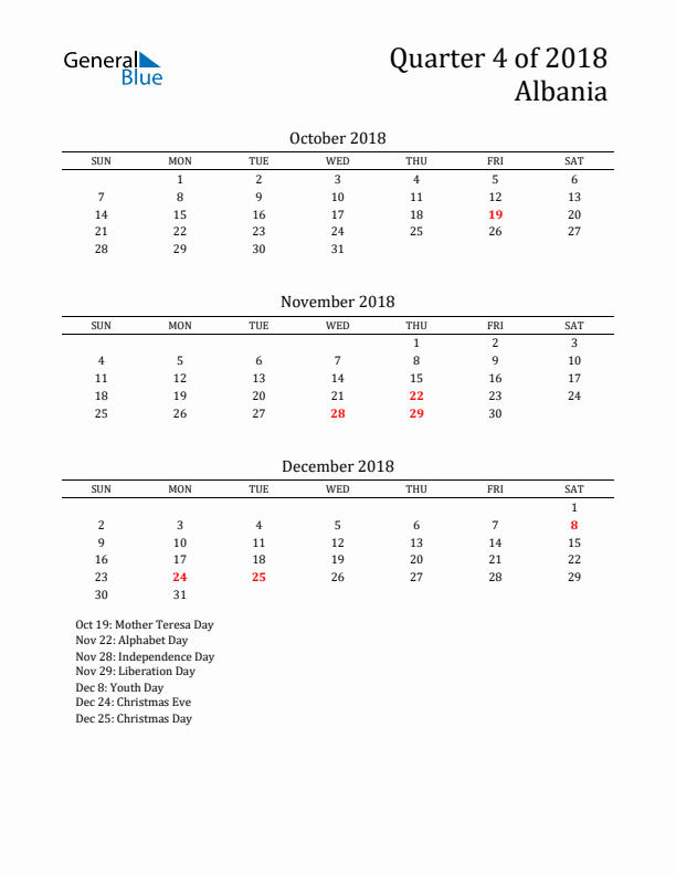 Quarter 4 2018 Albania Quarterly Calendar