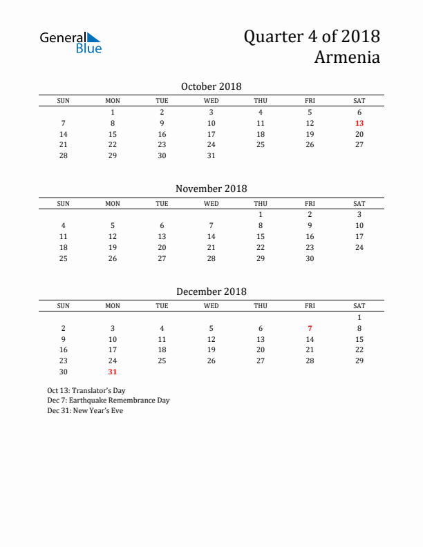 Quarter 4 2018 Armenia Quarterly Calendar