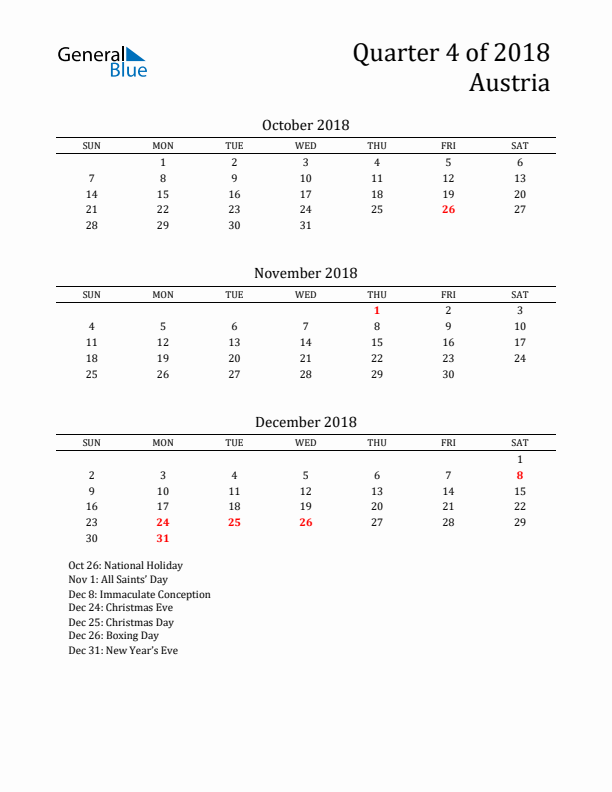 Quarter 4 2018 Austria Quarterly Calendar