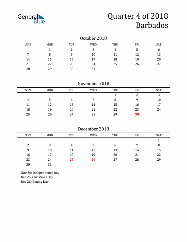 Quarter 4 2018 Barbados Quarterly Calendar