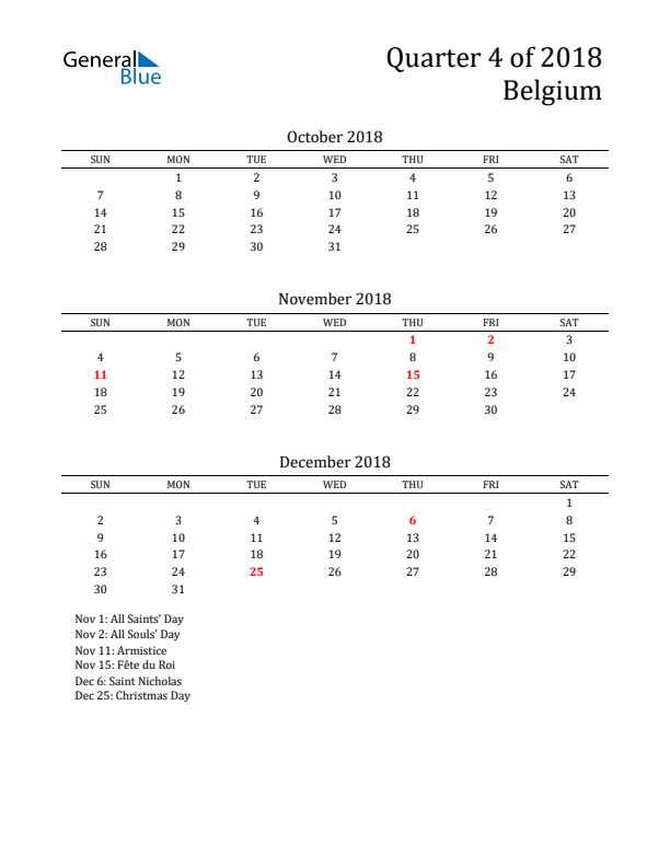 Quarter 4 2018 Belgium Quarterly Calendar