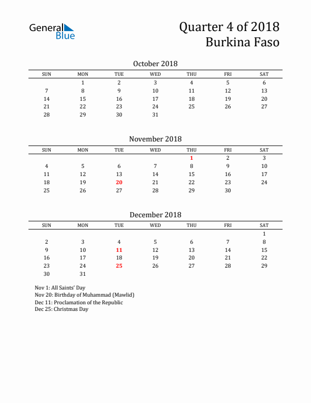 Quarter 4 2018 Burkina Faso Quarterly Calendar