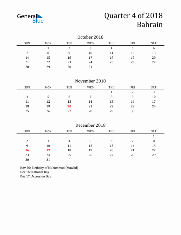 Quarter 4 2018 Bahrain Quarterly Calendar