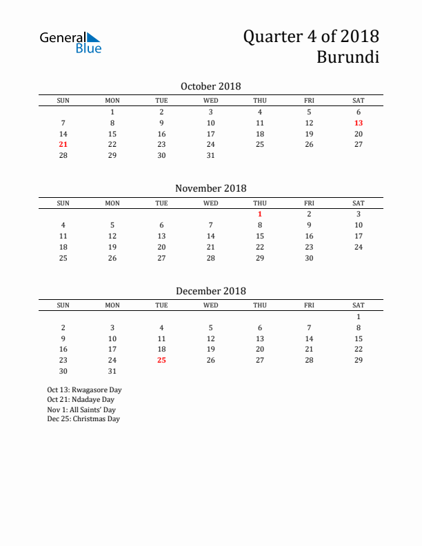 Quarter 4 2018 Burundi Quarterly Calendar