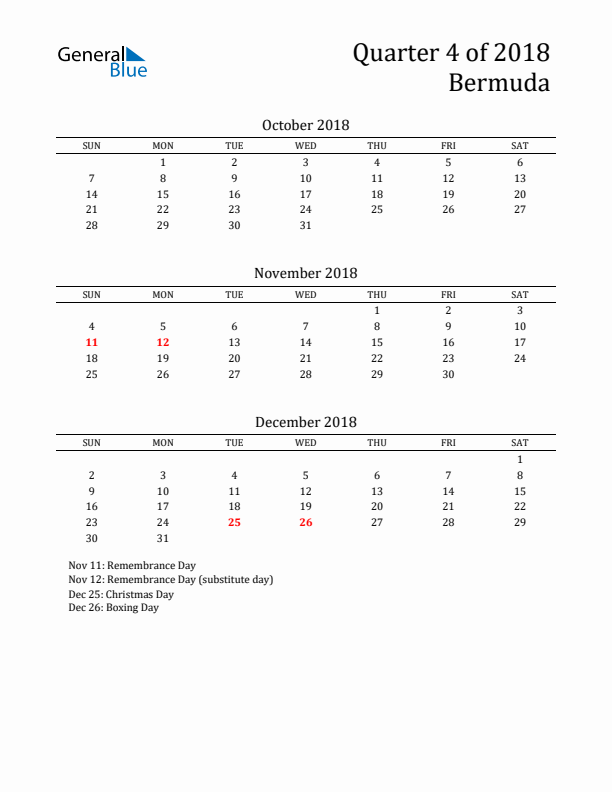 Quarter 4 2018 Bermuda Quarterly Calendar