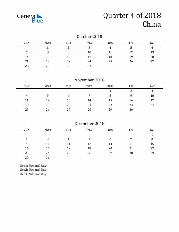 Quarter 4 2018 China Quarterly Calendar