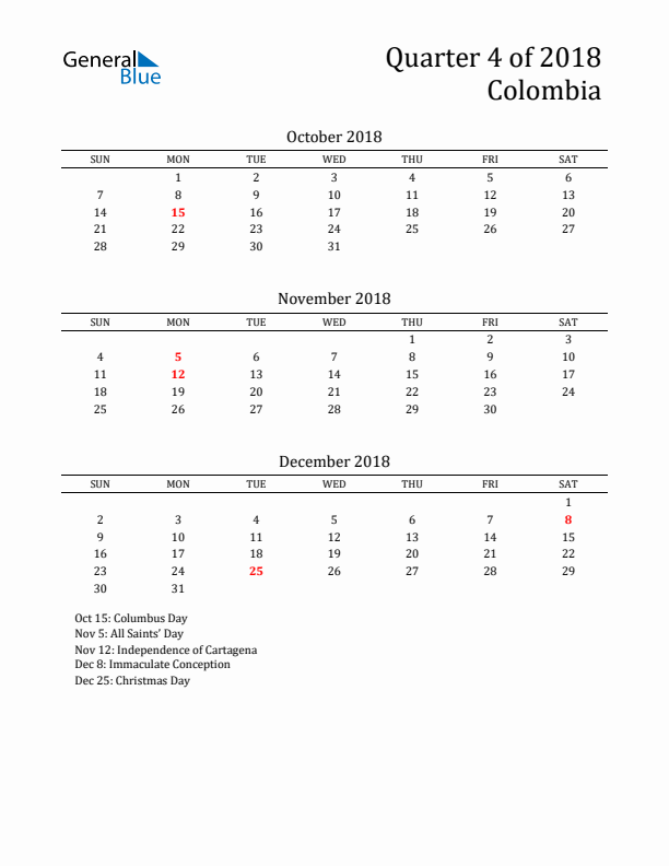 Quarter 4 2018 Colombia Quarterly Calendar