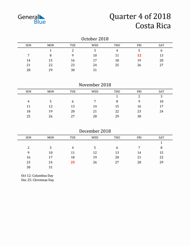 Quarter 4 2018 Costa Rica Quarterly Calendar