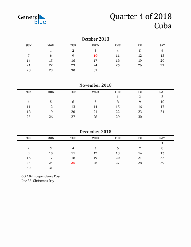 Quarter 4 2018 Cuba Quarterly Calendar