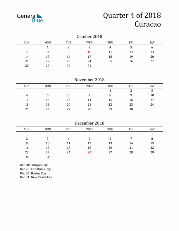 Quarter 4 2018 Curacao Quarterly Calendar