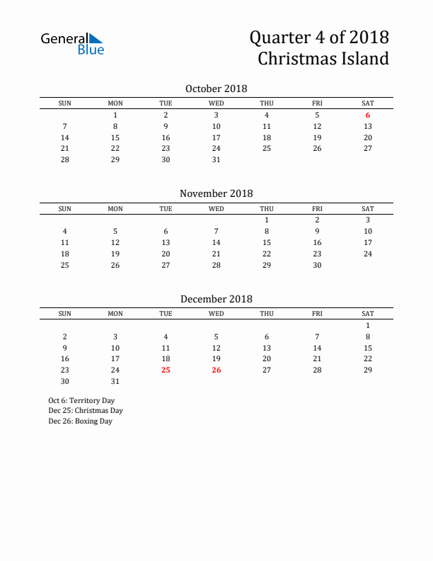 Quarter 4 2018 Christmas Island Quarterly Calendar