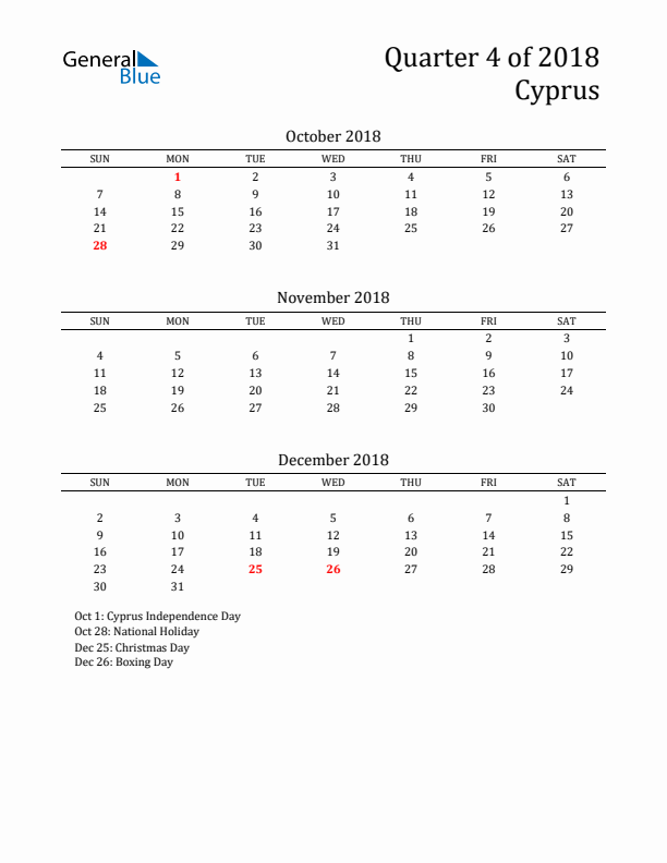 Quarter 4 2018 Cyprus Quarterly Calendar