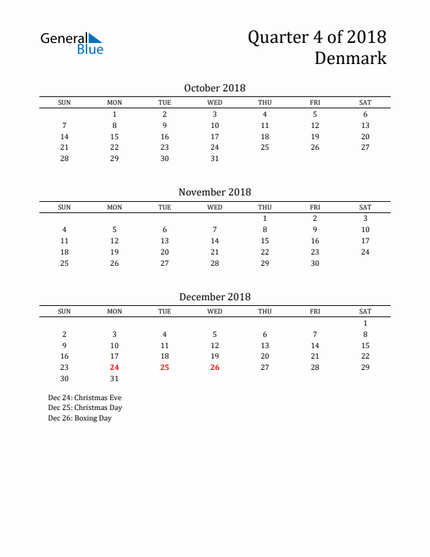 Quarter 4 2018 Denmark Quarterly Calendar