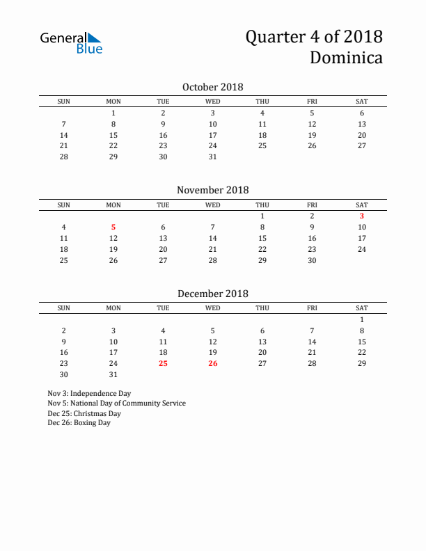 Quarter 4 2018 Dominica Quarterly Calendar