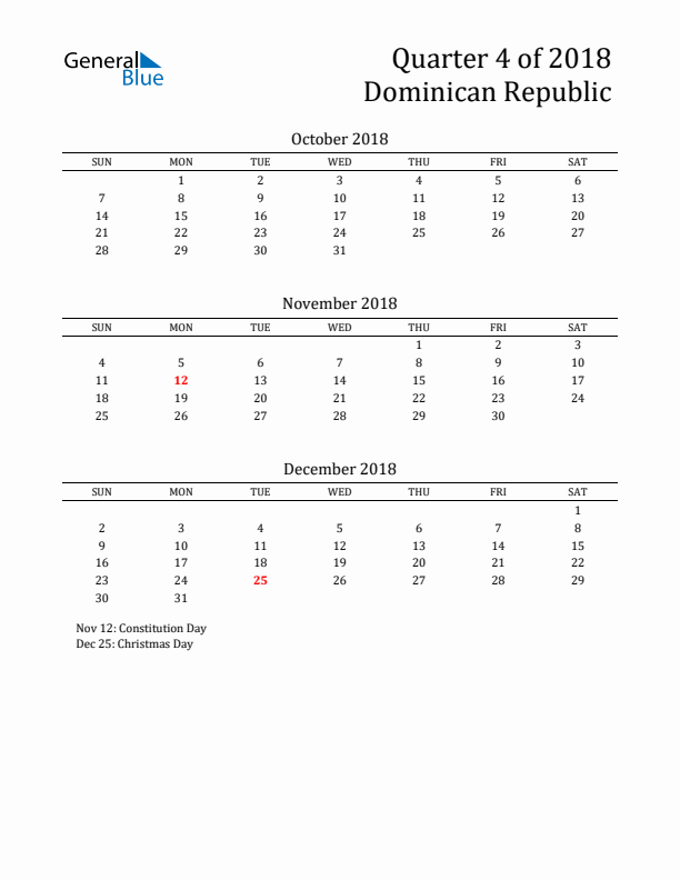 Quarter 4 2018 Dominican Republic Quarterly Calendar