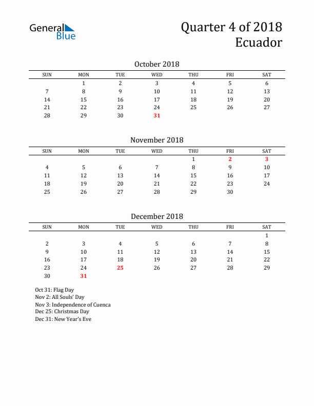 Quarter 4 2018 Ecuador Quarterly Calendar